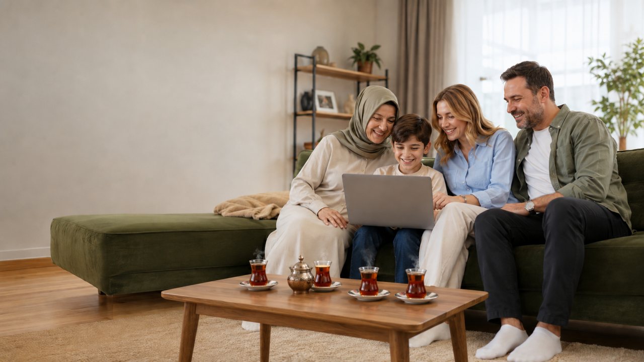 Yeşil kanepede gülümseyen mutlu Türk ailesi — önünde sehpada Türk çayı, çocuk laptopta usta arıyor