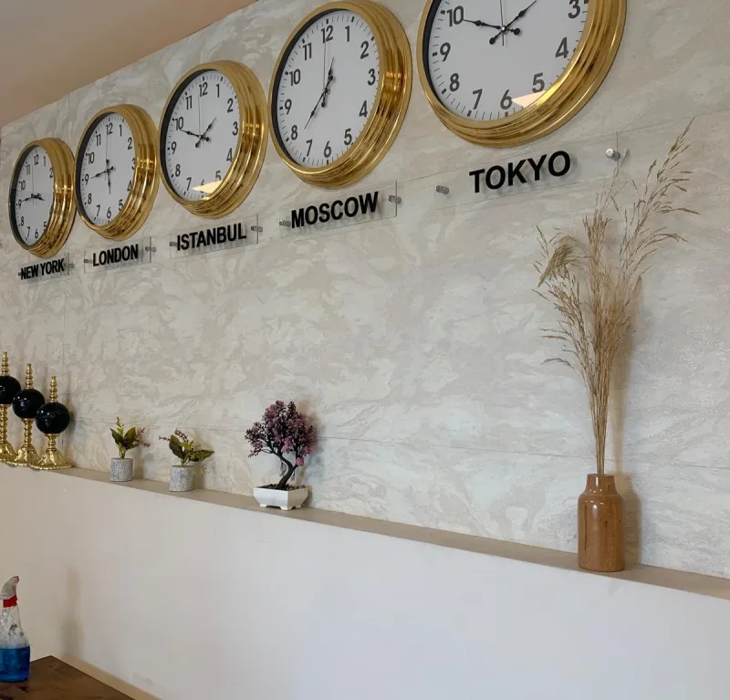 Şehir Tabelalı Dünya Saatleri Seti — Altın Çerçeve, Rakamlı Kadran — duvarda, dekor içinde (3)