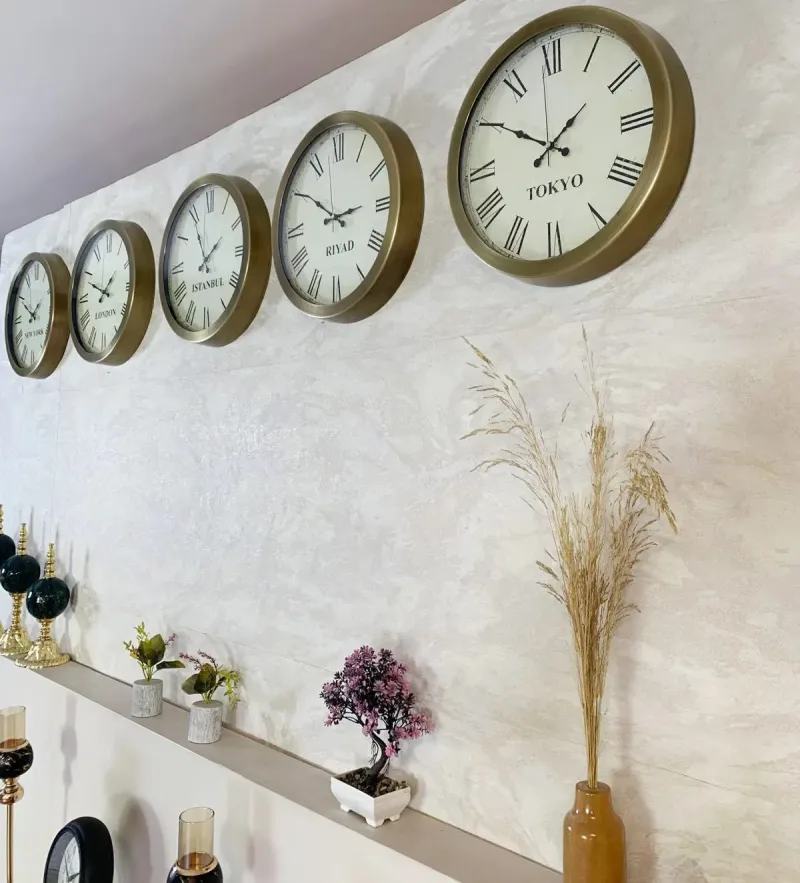 Usta Pazarı Krem Kadranlı Dünya Saatleri Seti — Eskitme Çerçeve, Otuz Altı Santim — görsel 2