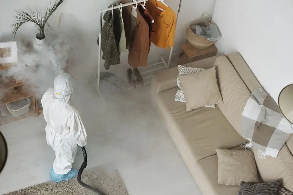 Koruyucu ekipman giymiş profesyonel, fumigasyon makinesi ile modern bir oturma odasını dezenfekte ediyor.