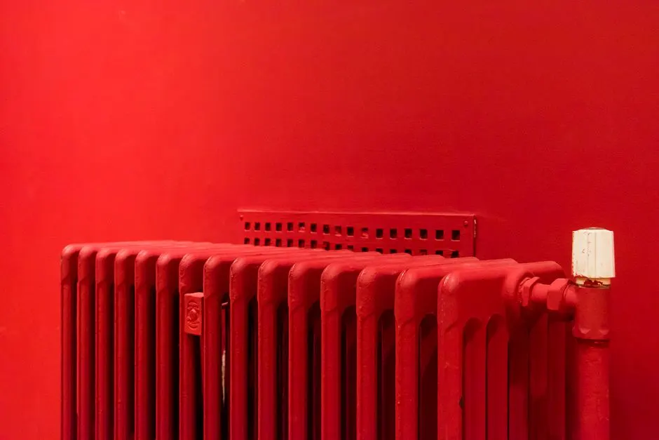 Kırmızı duvar önünde termostatik vanalı döküm petek
