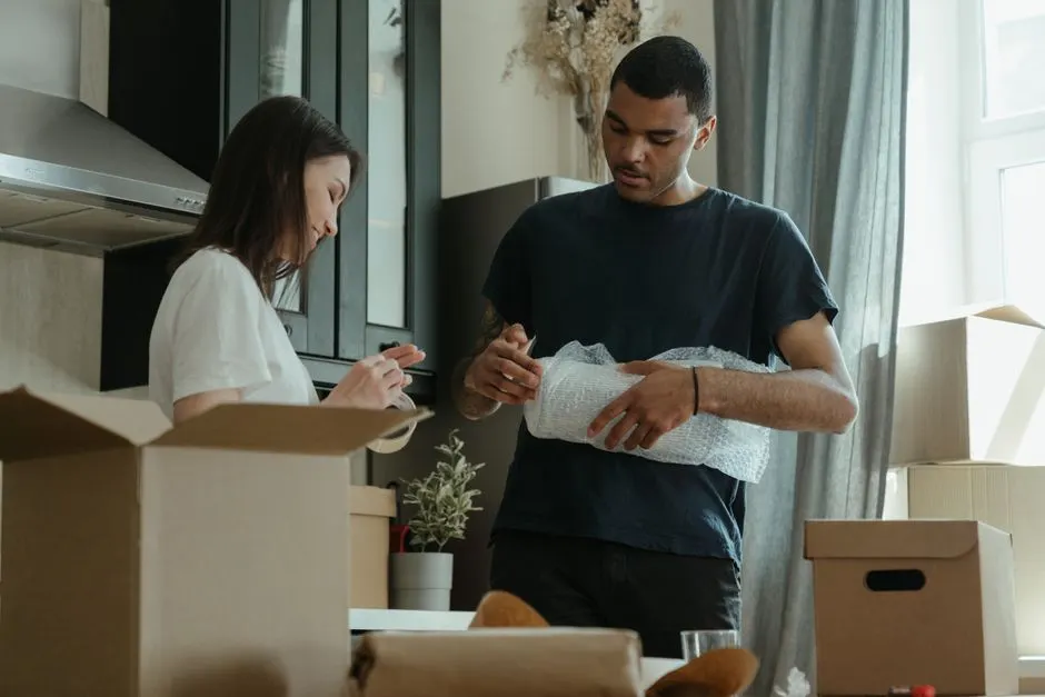 Evdeki eşyaları kolilere yerleştiren çift