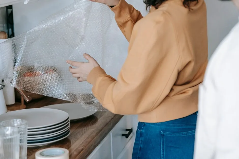 Mutfak eşyasını balonlu naylonla paketleyen kadın